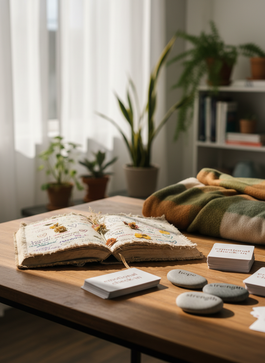 A warmly lit community resource table arranged in a quiet, sunlit room, captured in photographic realism. At the center lies an open, well-worn linen journal filled with colorful handwritten notes and small heart doodles. Around it are neatly stacked cards labeled “emotional check-in,” smooth river stones engraved with single words like “hope” and “courage,” and a soft, folded fleece blanket in muted earth tones. Gentle afternoon light filters through sheer curtains, casting soft shadows across a natural wood table. The composition is shot at eye level with a shallow depth of field, keeping the journal in sharp focus while the background of softly blurred bookshelves and plants creates a calm, professional, and healing atmosphere.