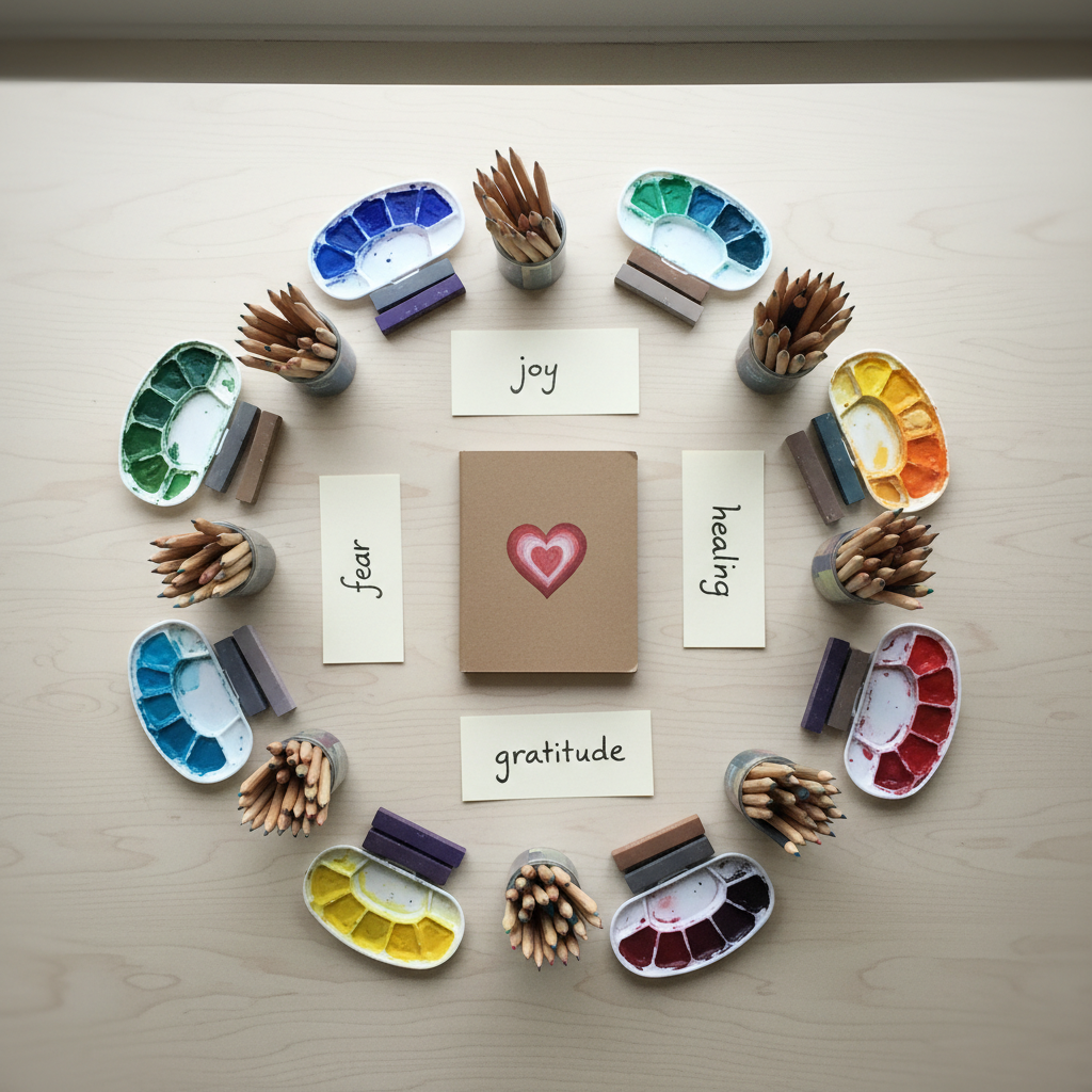 A circular arrangement of art therapy materials laid out on a large, pale birch table, photographed from directly above in clean, modern photographic realism. At the center rests a kraft-paper notebook with a small, painted heart on the cover. Radiating outward are neatly placed colored pencils, pastel crayons, and smooth watercolor palettes in soft blues, greens, and warm oranges. Beside them, labeled cards read “joy,” “fear,” “gratitude,” and “healing.” Soft overcast window light washes evenly across the scene, eliminating harsh shadows and creating a gentle, contemplative mood. The composition is symmetrical and balanced, suggesting structure and safety, with subtle blurred edges at the corners to keep attention on the central heart notebook and emotional word cards.