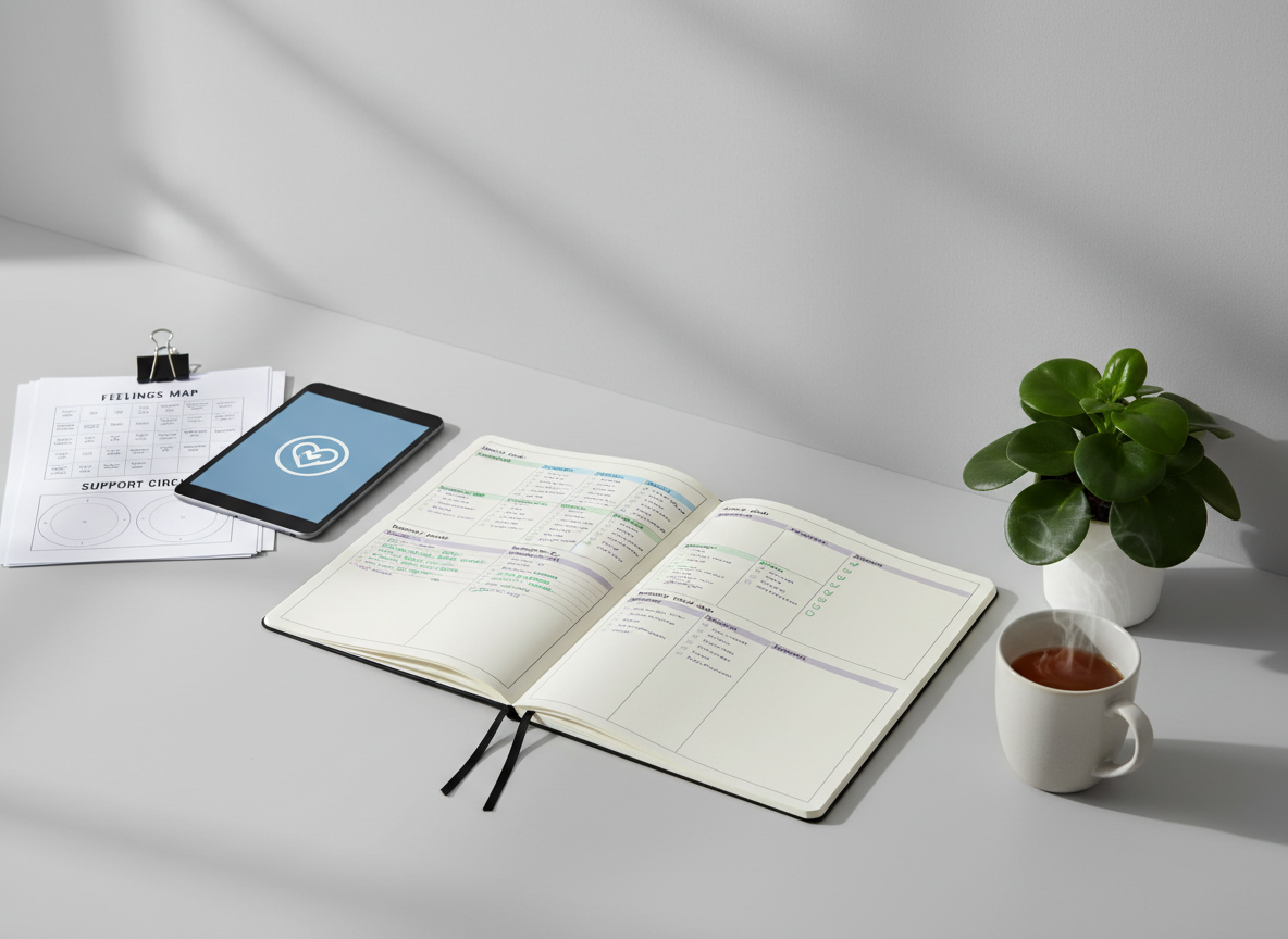 A minimalist mentorship planning desk set against a smooth, light gray wall, captured in clean, professional photographic realism. On the desk, a large weekly planner lies open, its pages filled with neatly written, color-coded goals and check-in times. Nearby, a stack of neatly printed worksheets titled “Feelings Map” and “Support Circle” is clipped together, alongside a sleek tablet displaying a simple heart-and-circle logo. A small potted plant with broad green leaves and a ceramic mug of herbal tea add warmth. Cool, diffused daylight from an unseen window illuminates the workspace evenly, creating soft, defined shadows. Shot from a three-quarter overhead angle with sharp focus, the composition emphasizes organization, clarity, and intentional care in designing mentorship and emotional literacy programs.
