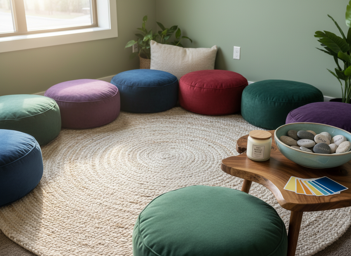 A cozy, thoughtfully curated healing corner in a community center, rendered in highly realistic photography. A low, circular woven rug in natural fibers anchors the space, supporting a cluster of plush floor cushions in muted jewel tones. A small wooden side table holds a ceramic bowl of polished affirmation stones, each etched with a single empowering word, alongside an unlit soy candle and a stack of slim, colorful emotion cards. Soft, diffused morning light streams through a nearby window, creating gentle highlights on the textures of fabric and wood. Shot from a slightly elevated angle using the rule of thirds, the scene feels welcoming, grounded, and professional, evoking a safe, restorative environment for youth and families to explore emotional literacy and community healing.